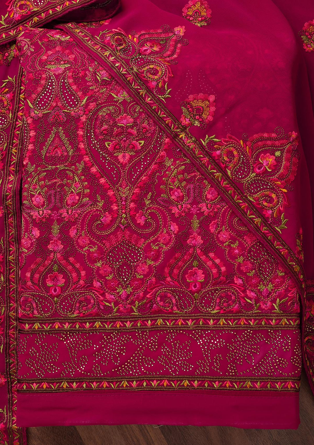 Rani Pink Threadwork Georgette Semi-Stitched SalwarKameez - Koskii