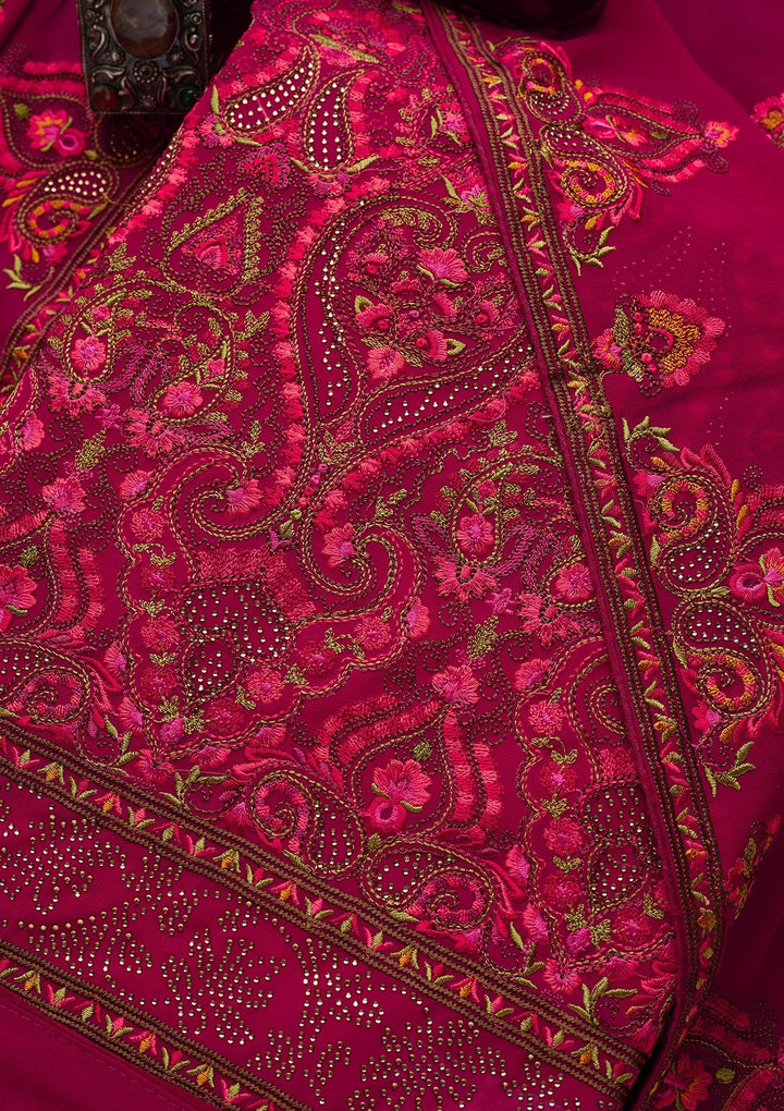 Rani Pink Threadwork Georgette Semi-Stitched SalwarKameez - Koskii
