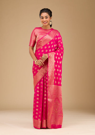 Rani Pink Zariwork Art Silk Saree-Koskii