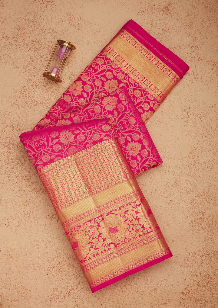 Rani Pink Zariwork Pure Silk Saree-Koskii