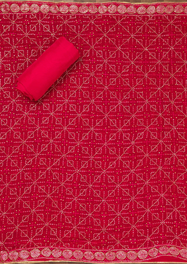 Rani Pink Zariwork Semi Crepe Unstitched Salwar Suit-Koskii