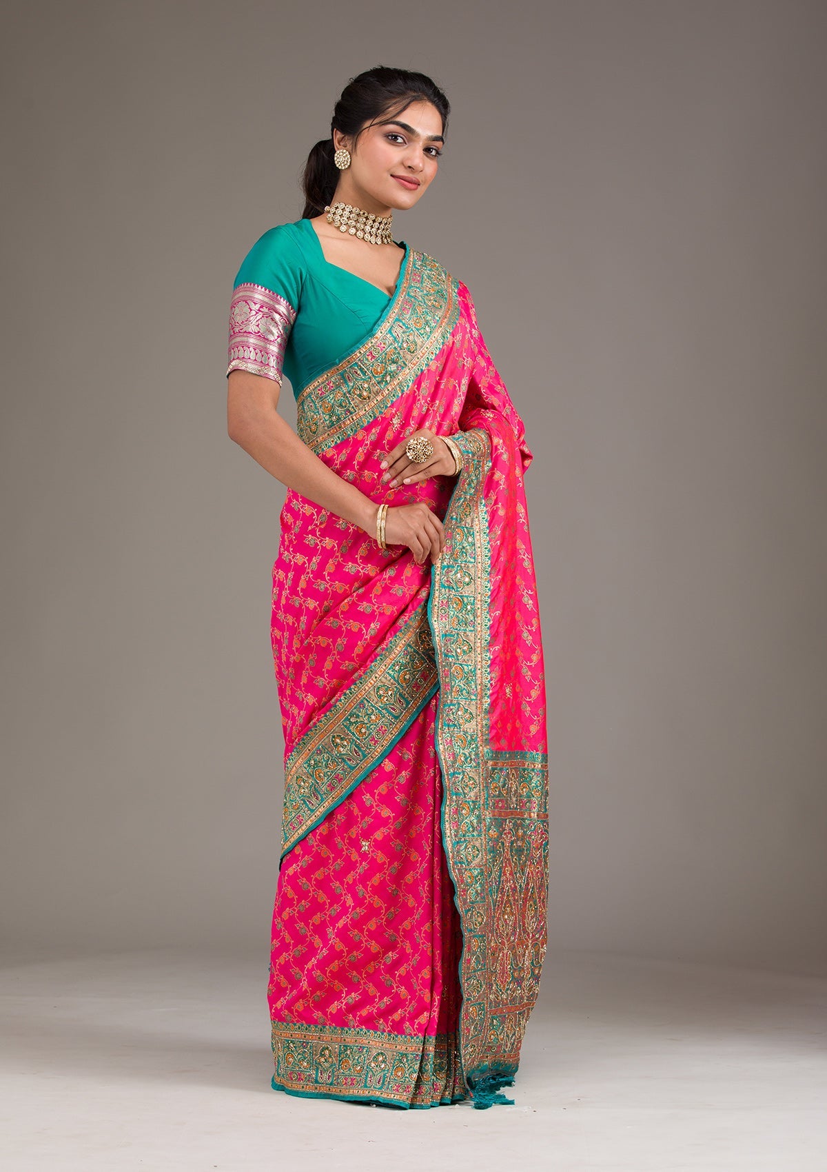 Rani Pink Cutdana Art Silk Saree-Koskii