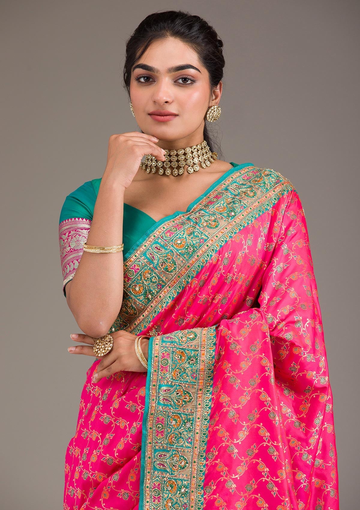 Rani Pink Cutdana Art Silk Saree-Koskii