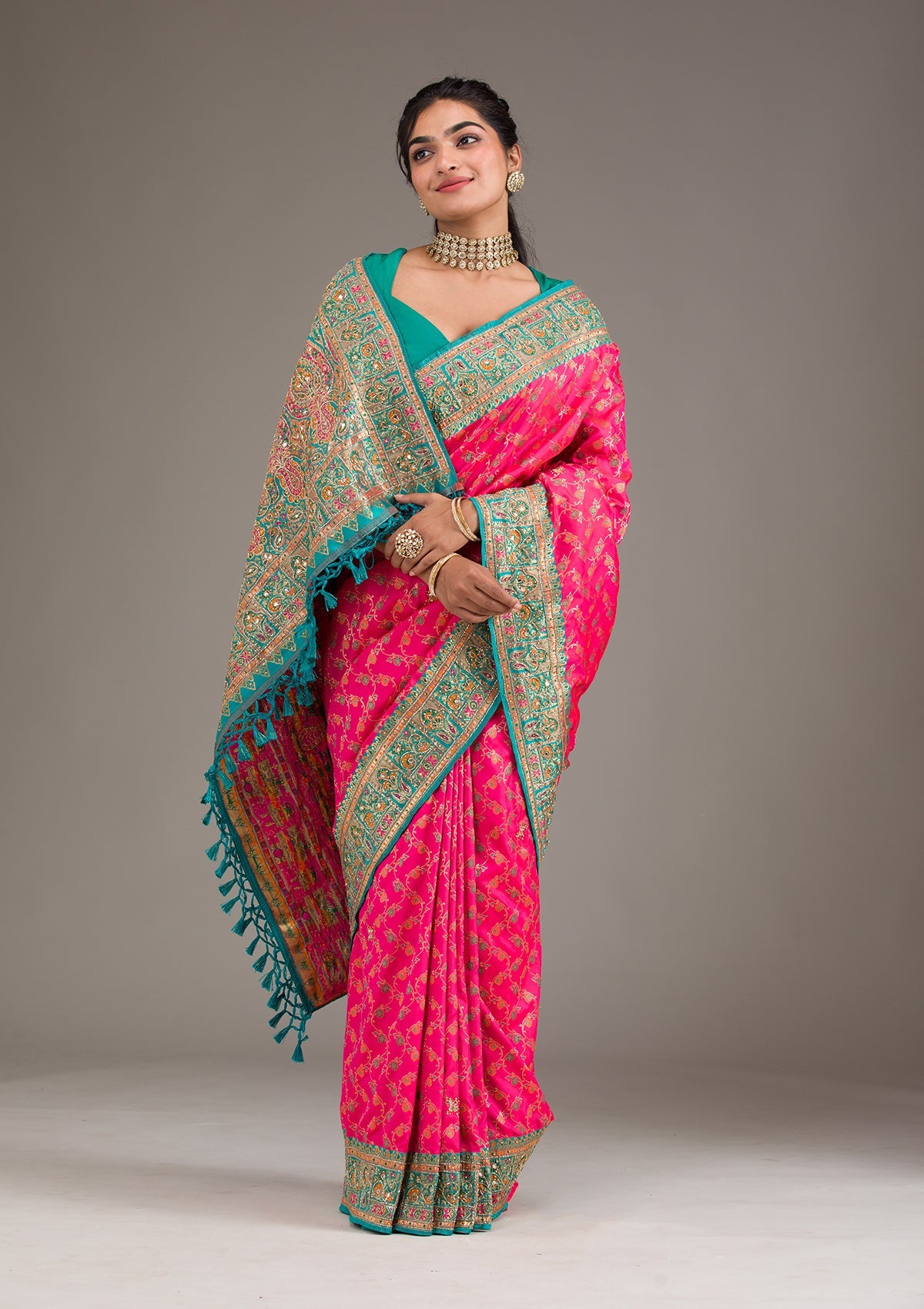 Rani Pink Cutdana Art Silk Saree-Koskii