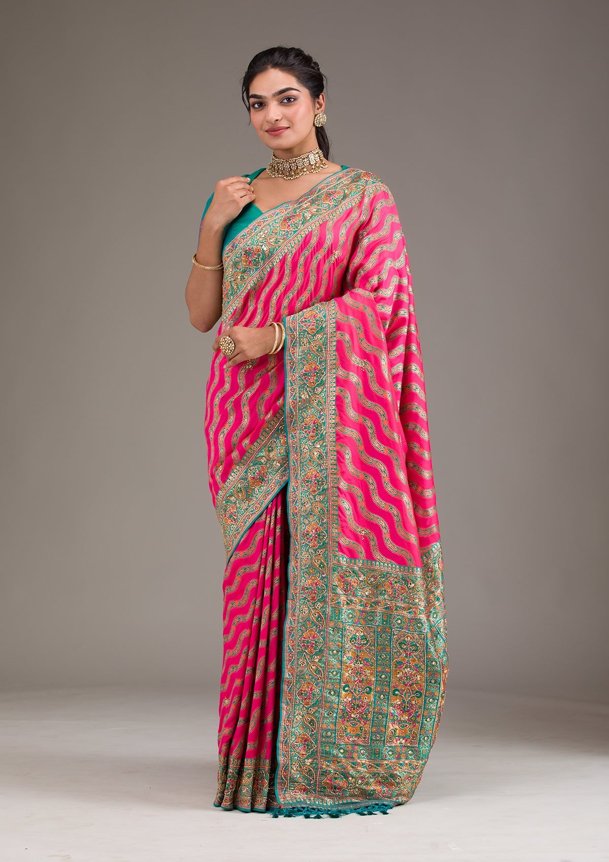 Rani Pink Cutdana Art Silk Saree-Koskii