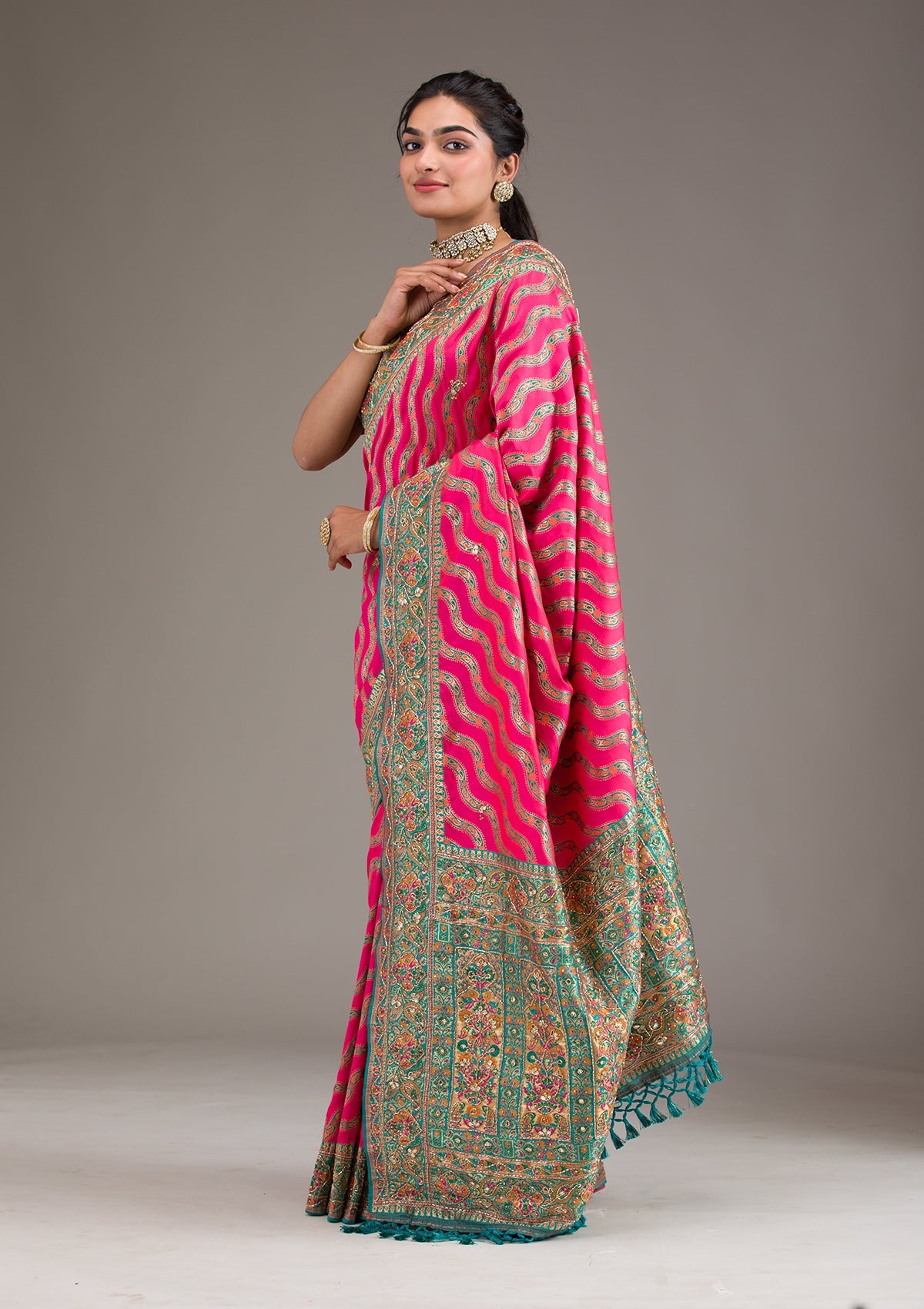 Rani Pink Cutdana Art Silk Saree-Koskii