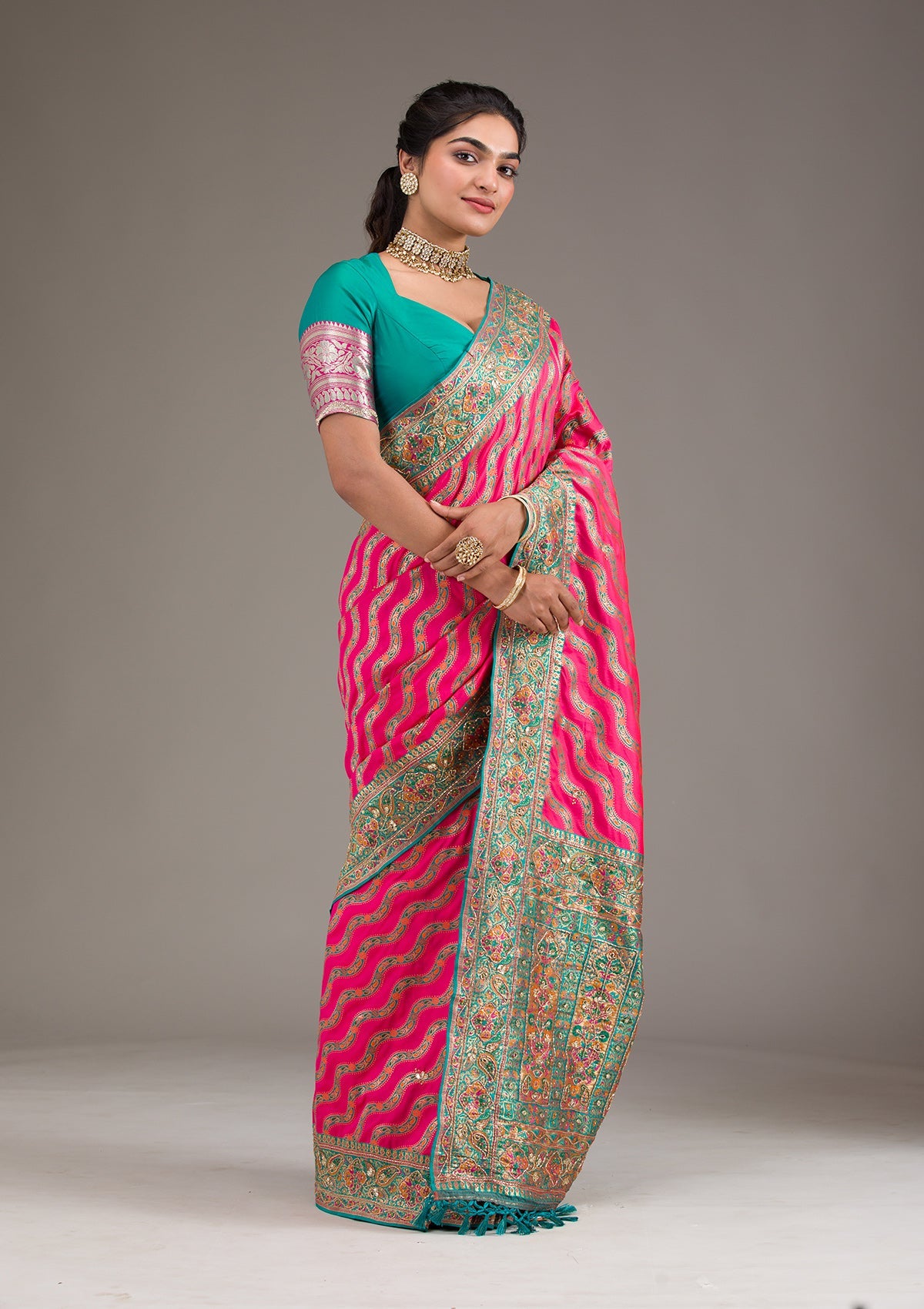 Rani Pink Cutdana Art Silk Saree-Koskii