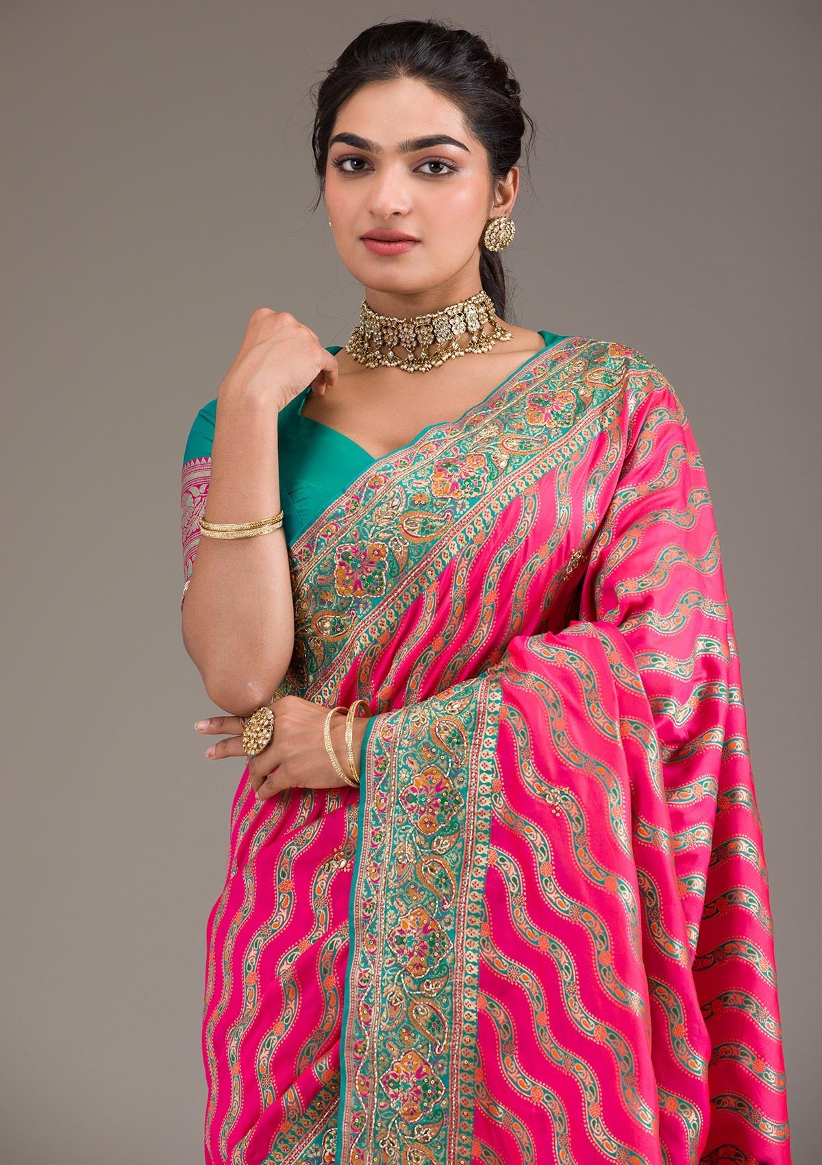 Rani Pink Cutdana Art Silk Saree-Koskii