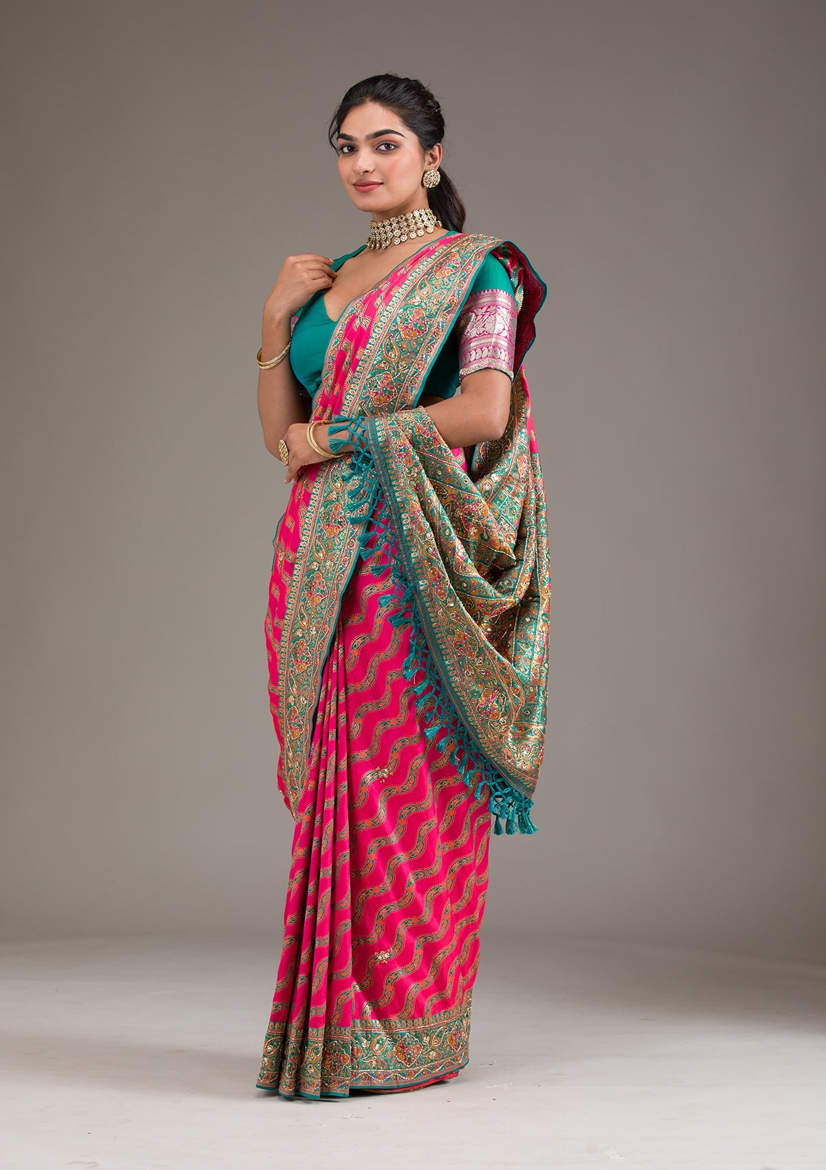 Rani Pink Cutdana Art Silk Saree-Koskii