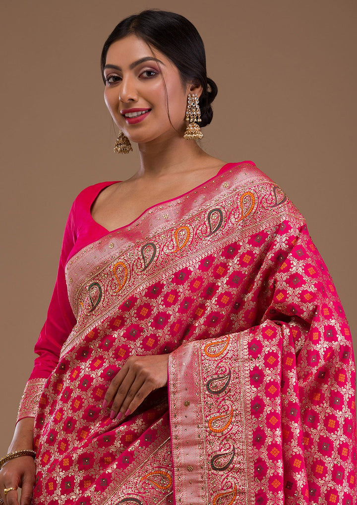 Rani Pink Cutdana Banarasi Silk Saree-Koskii