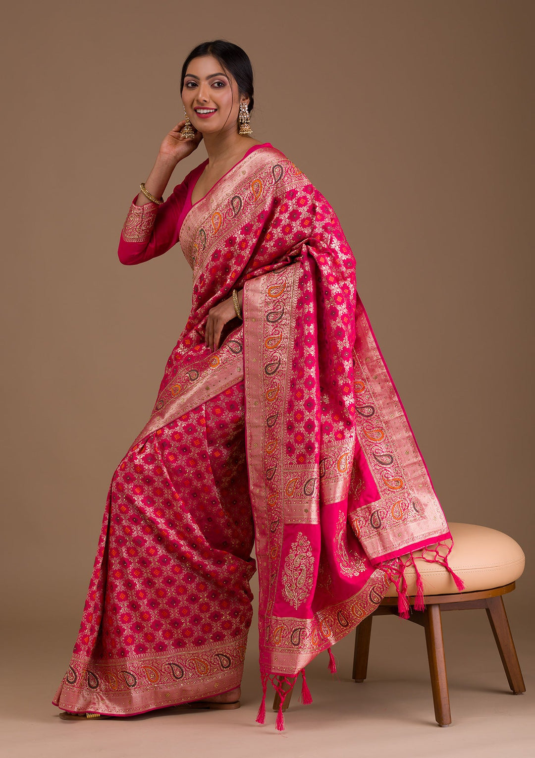 Rani Pink Cutdana Banarasi Silk Saree-Koskii