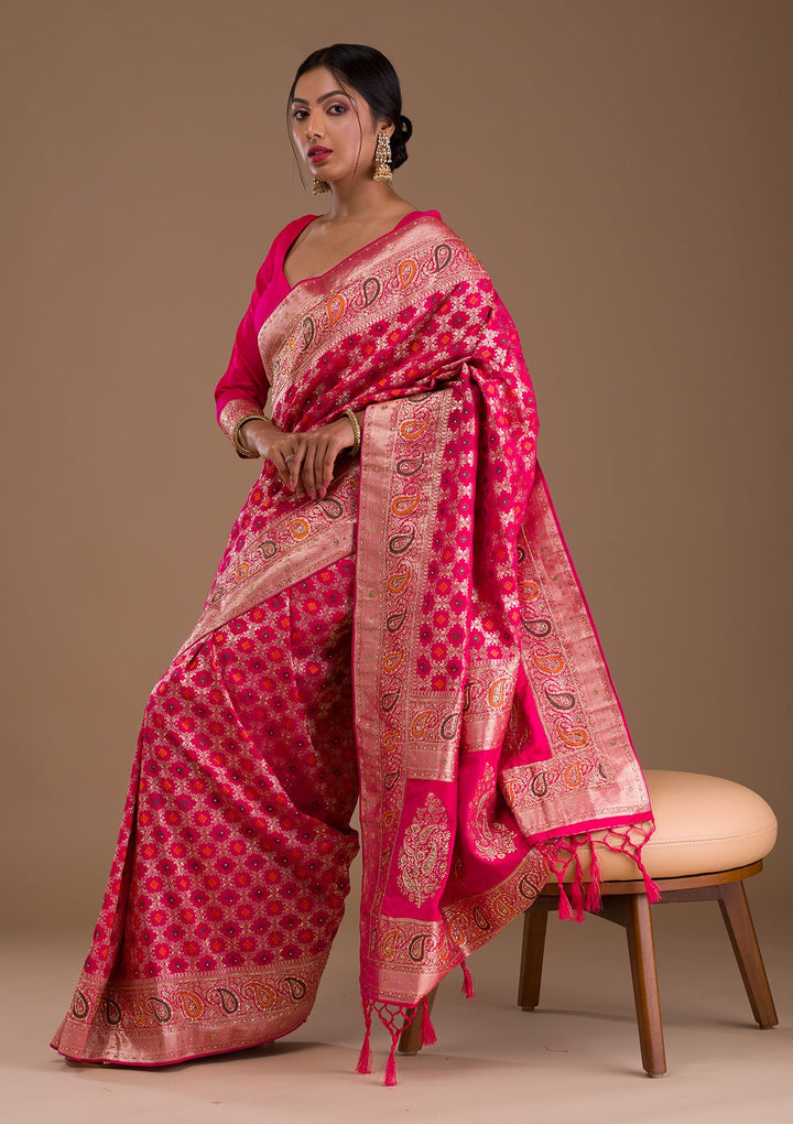 Rani Pink Cutdana Banarasi Silk Saree-Koskii