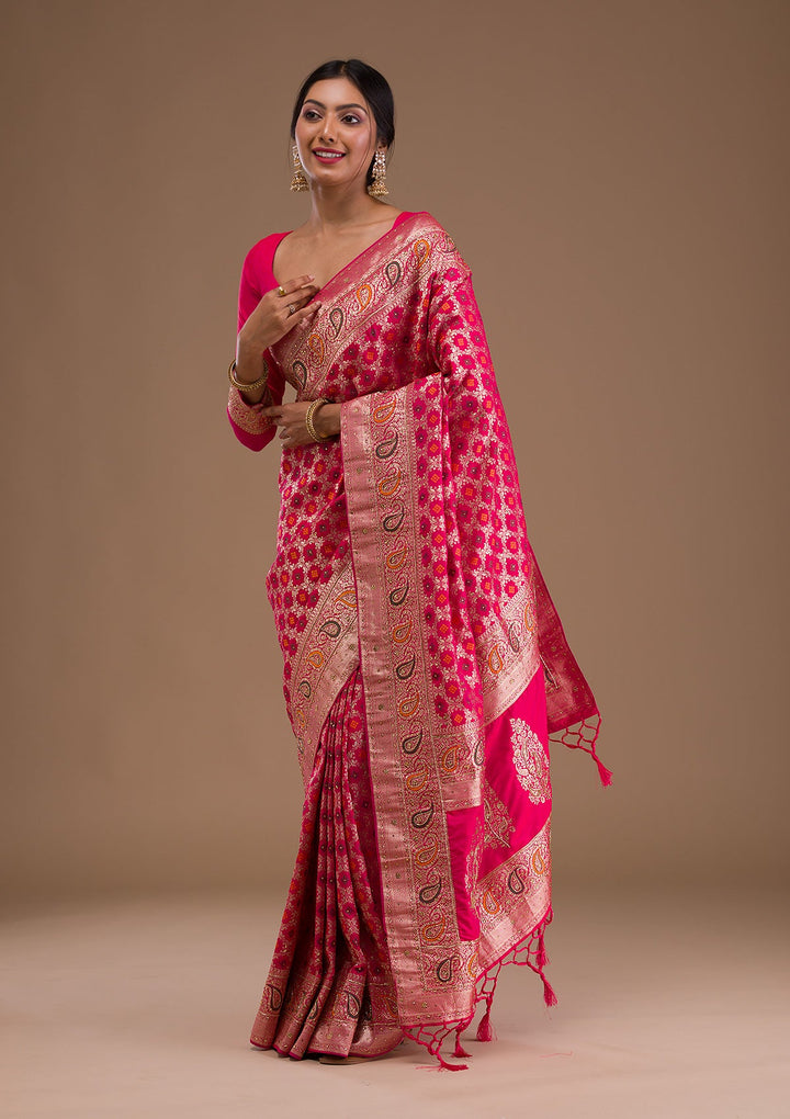 Rani Pink Cutdana Banarasi Silk Saree-Koskii