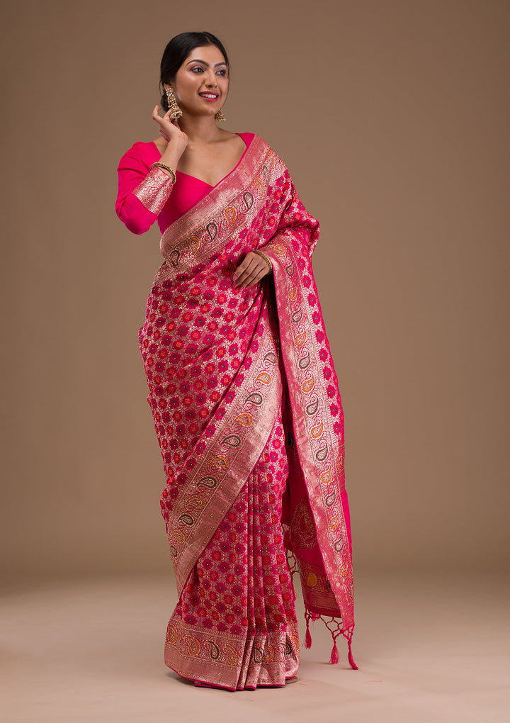 Rani Pink Cutdana Banarasi Silk Saree-Koskii