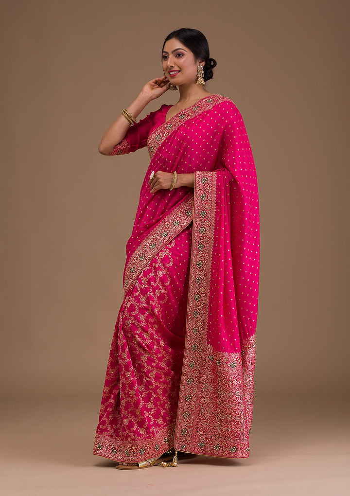 Rani Pink Cutdana Banarasi Silk Saree-Koskii