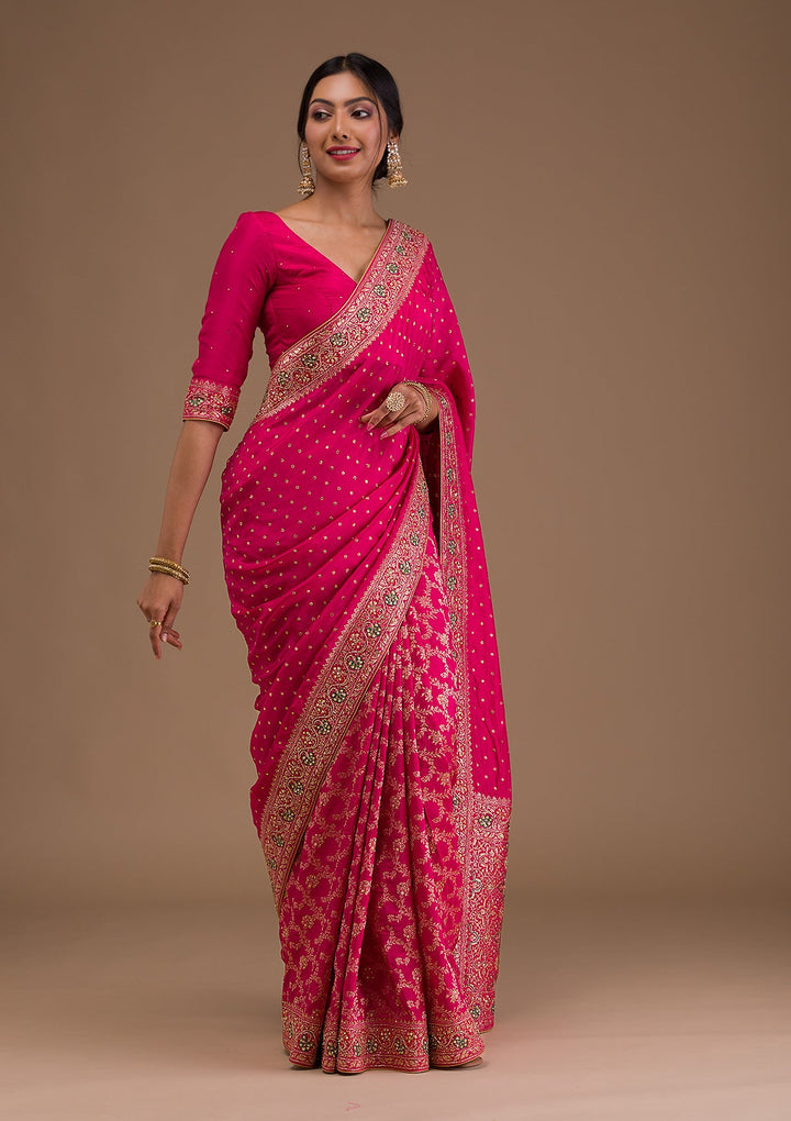 Rani Pink Cutdana Banarasi Silk Saree-Koskii