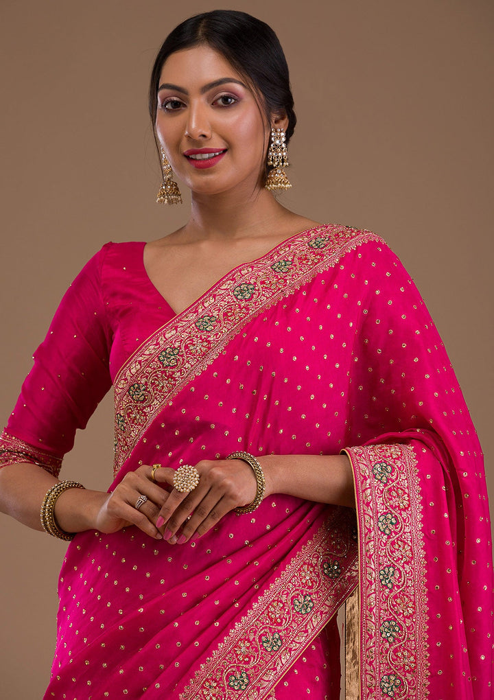 Rani Pink Cutdana Banarasi Silk Saree-Koskii