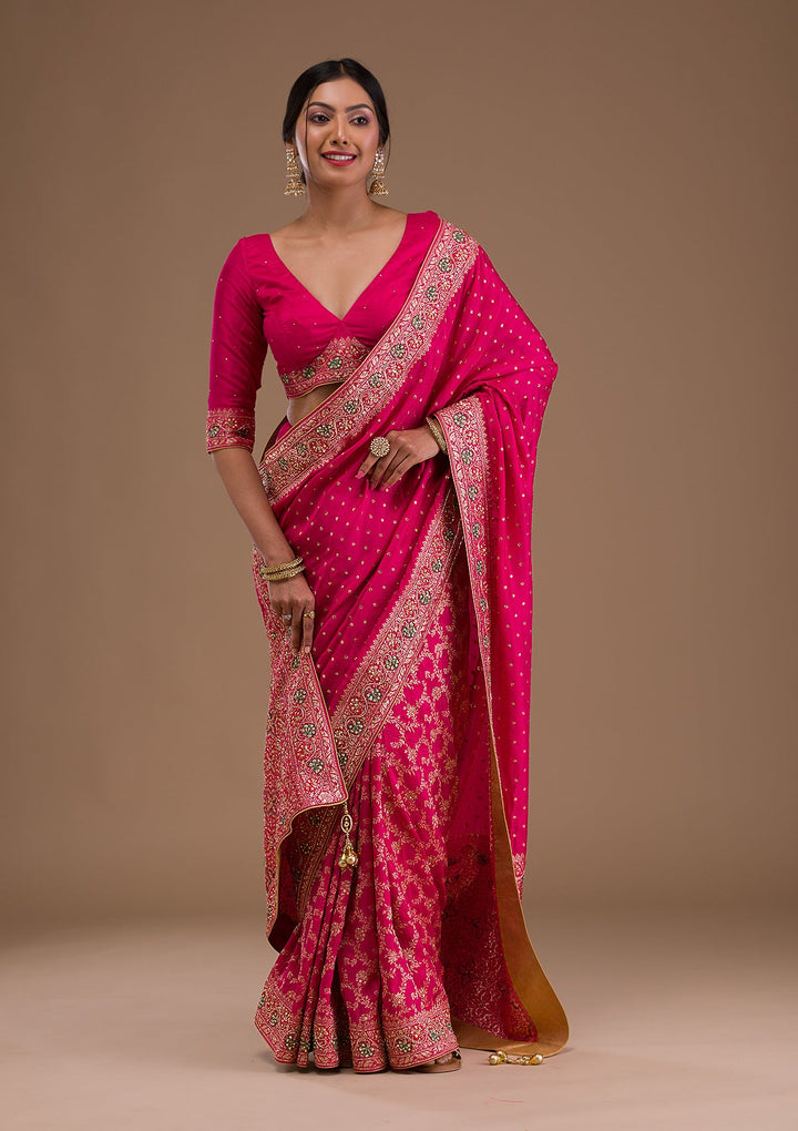 Rani Pink Cutdana Banarasi Silk Saree-Koskii
