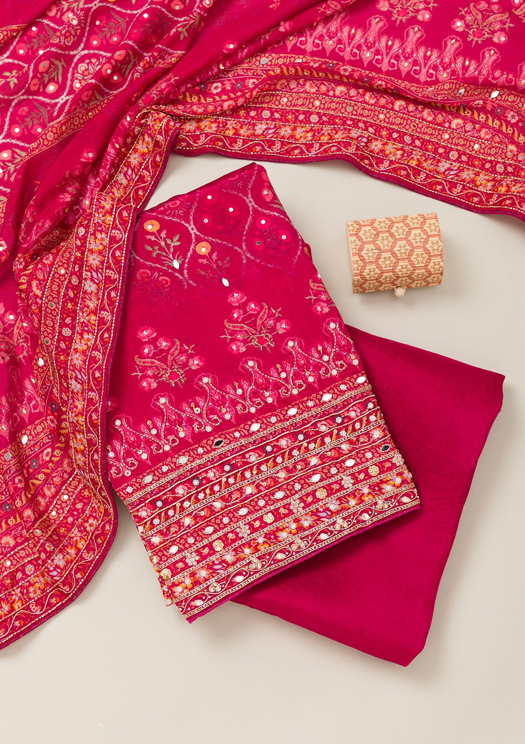 Rani Pink Cutdana Crepe Unstitched Salwar Suit-Koskii
