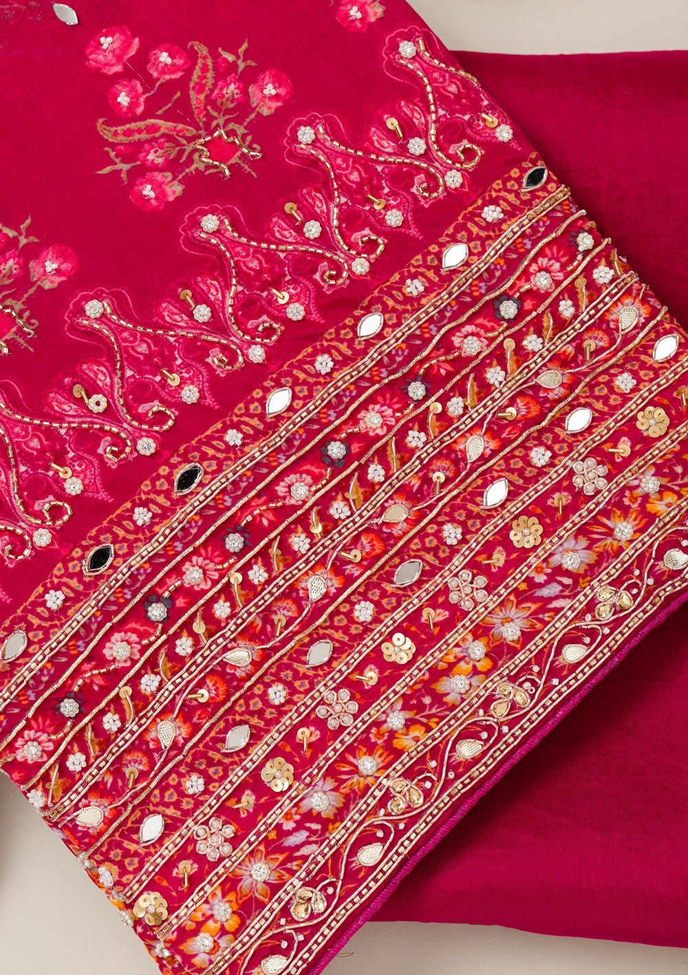 Rani Pink Cutdana Crepe Unstitched Salwar Suit-Koskii