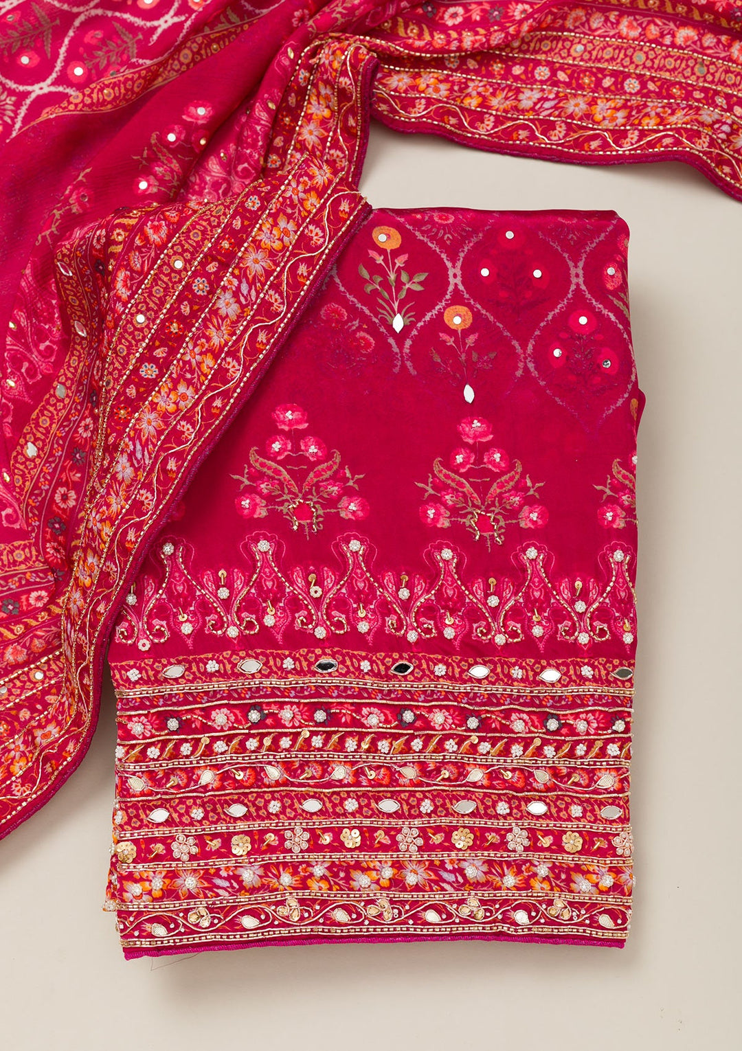 Rani Pink Cutdana Crepe Unstitched Salwar Suit-Koskii