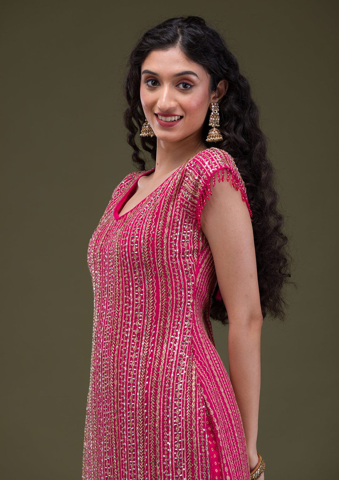 Rani Pink Cutdana Georgette Readymade Salwar Suit-Koskii