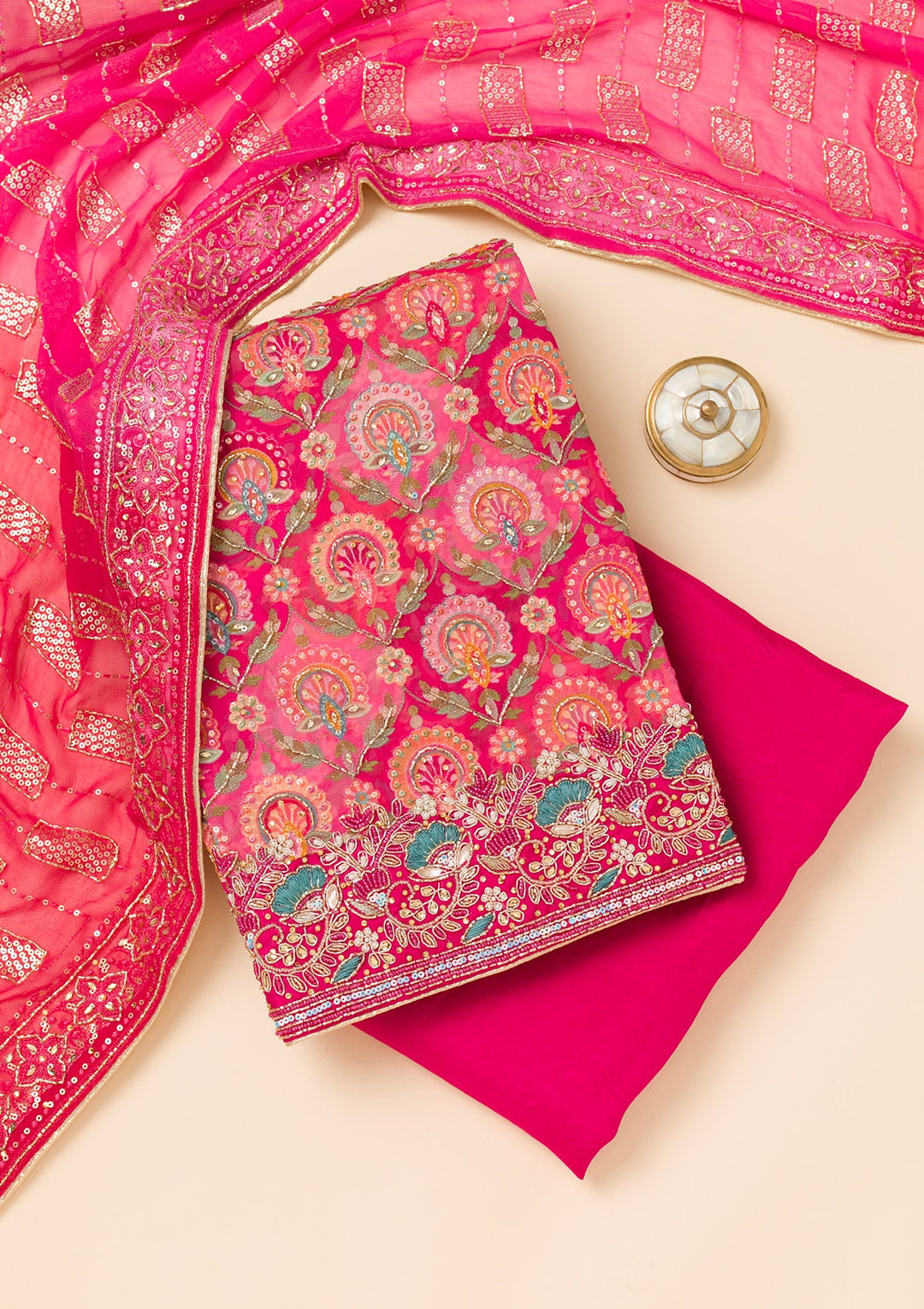 Rani Pink Cutdana Georgette Unstitched Salwar Suit-Koskii