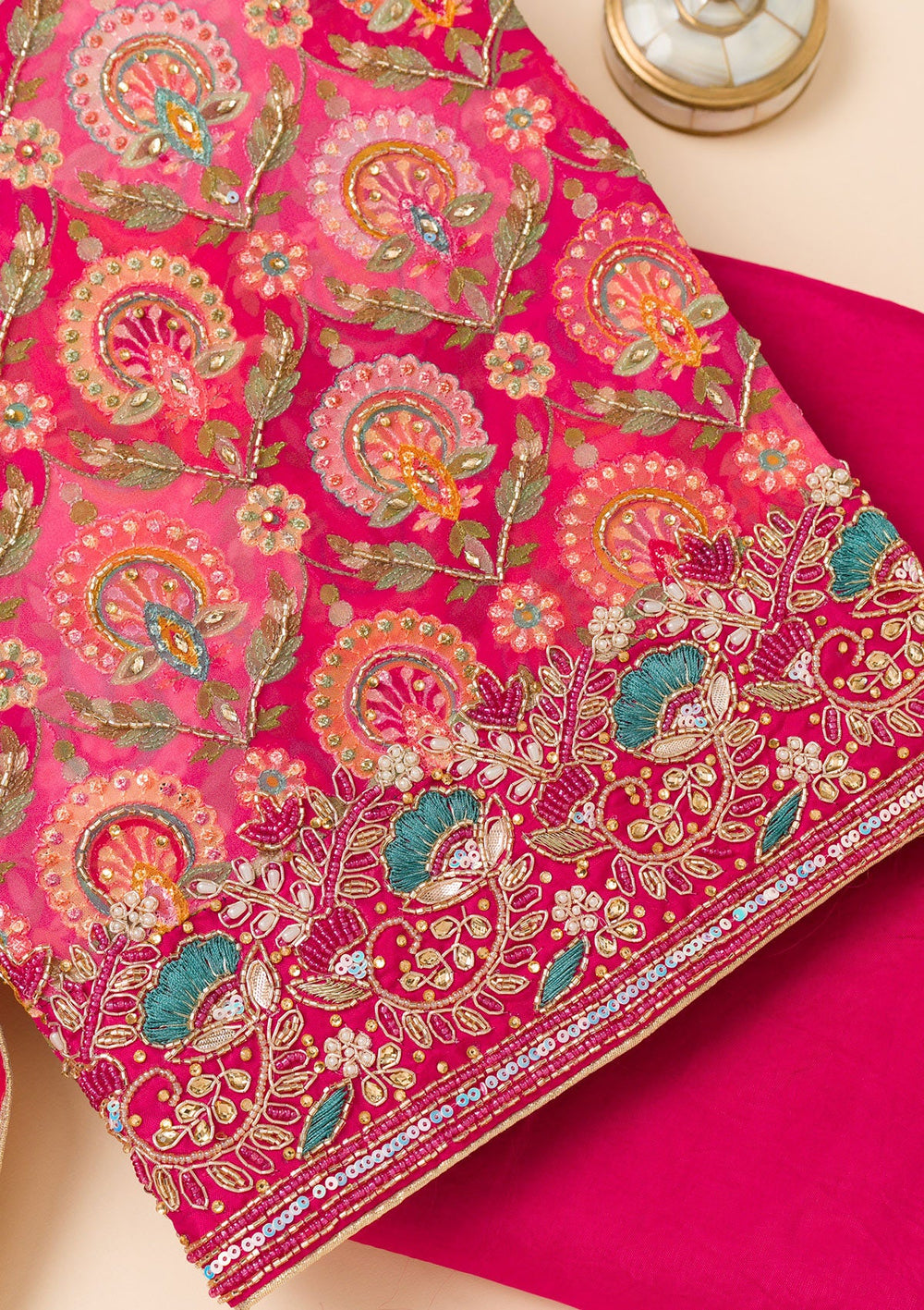 Rani Pink Cutdana Georgette Unstitched Salwar Suit-Koskii