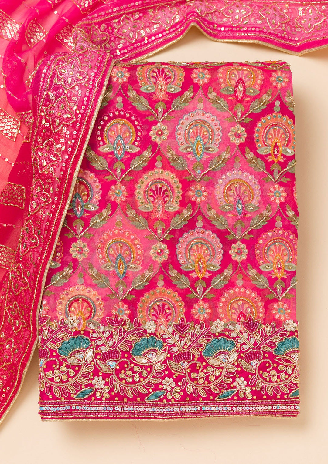 Rani Pink Cutdana Georgette Unstitched Salwar Suit-Koskii