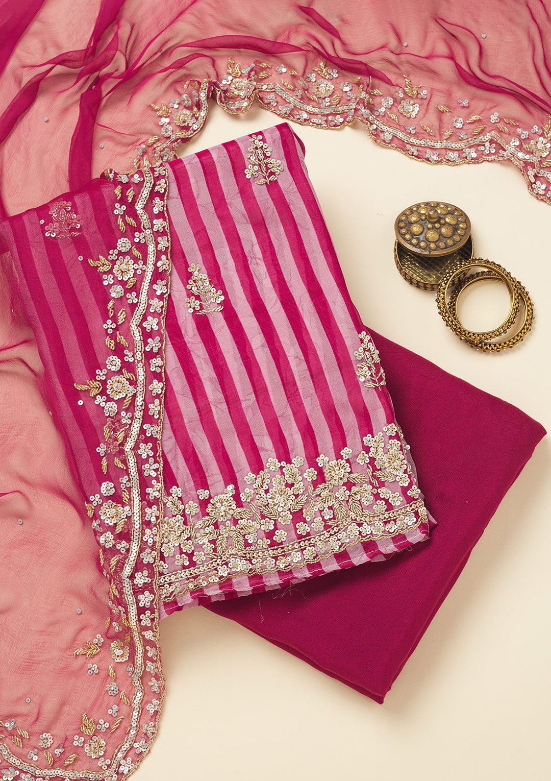 Rani Pink Cutdana Semi Crepe Unstitched Salwar Suit-Koskii