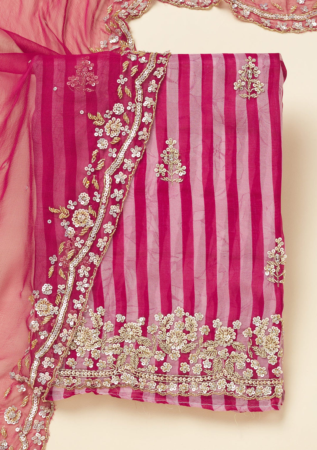 Rani Pink Cutdana Semi Crepe Unstitched Salwar Suit-Koskii