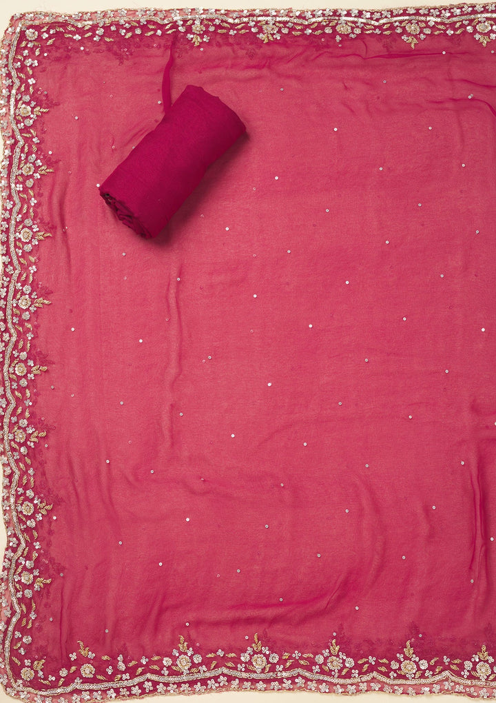 Rani Pink Cutdana Semi Crepe Unstitched Salwar Suit-Koskii