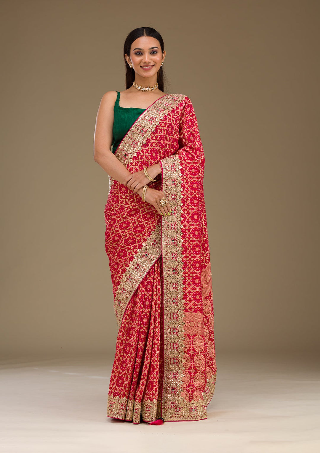 Rani Pink Gotapatti Chiffon Saree-Koskii