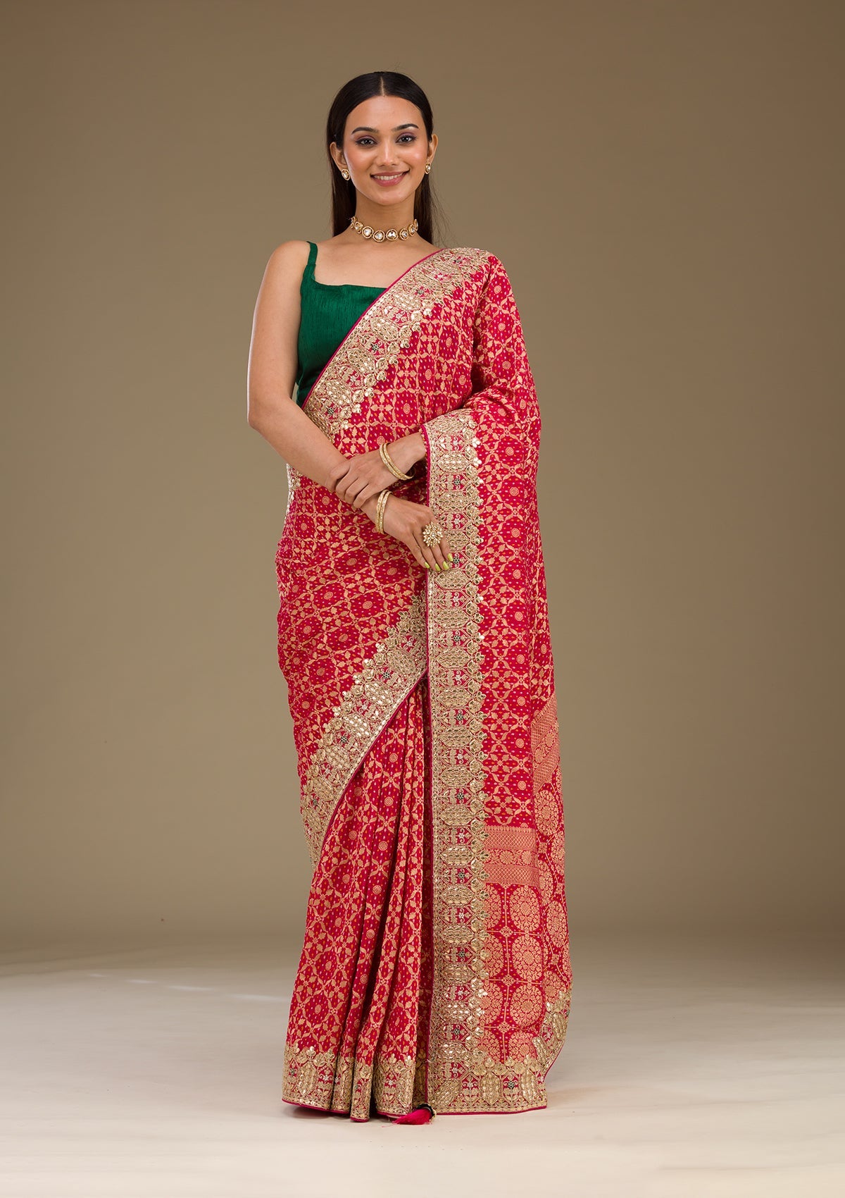 Rani Pink Gotapatti Chiffon Saree-Koskii