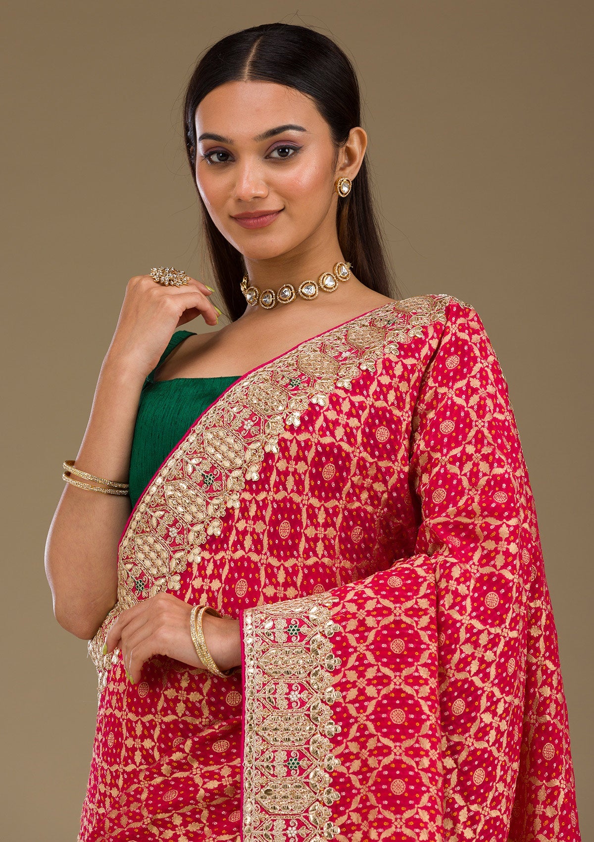 Rani Pink Gotapatti Chiffon Saree-Koskii