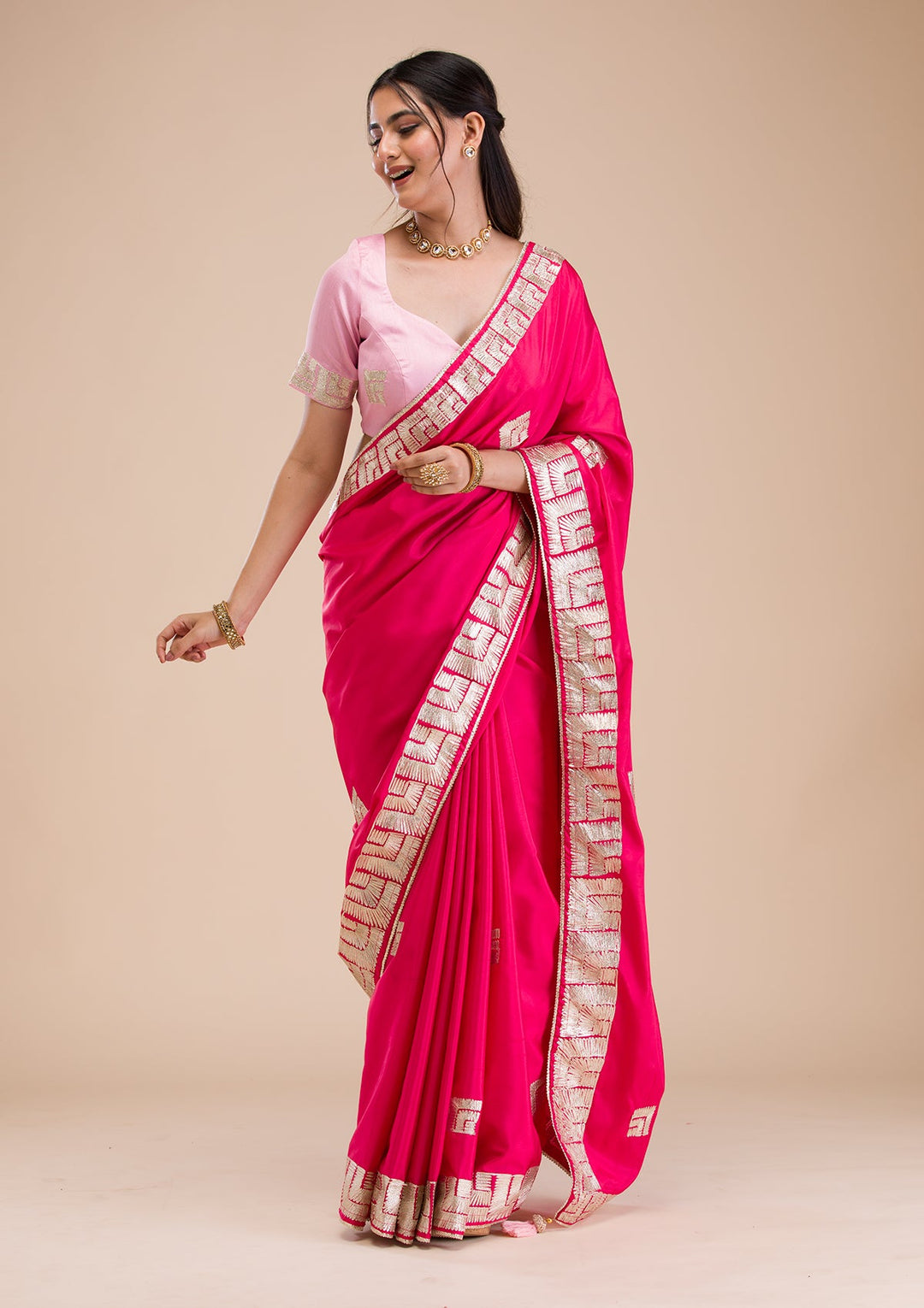 Rani Pink Gotapatti Semi Crepe Saree-Koskii