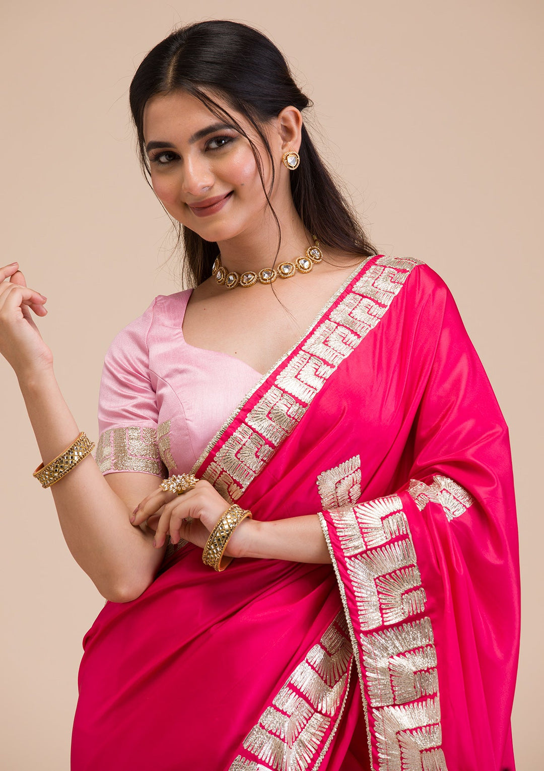 Rani Pink Gotapatti Semi Crepe Saree-Koskii