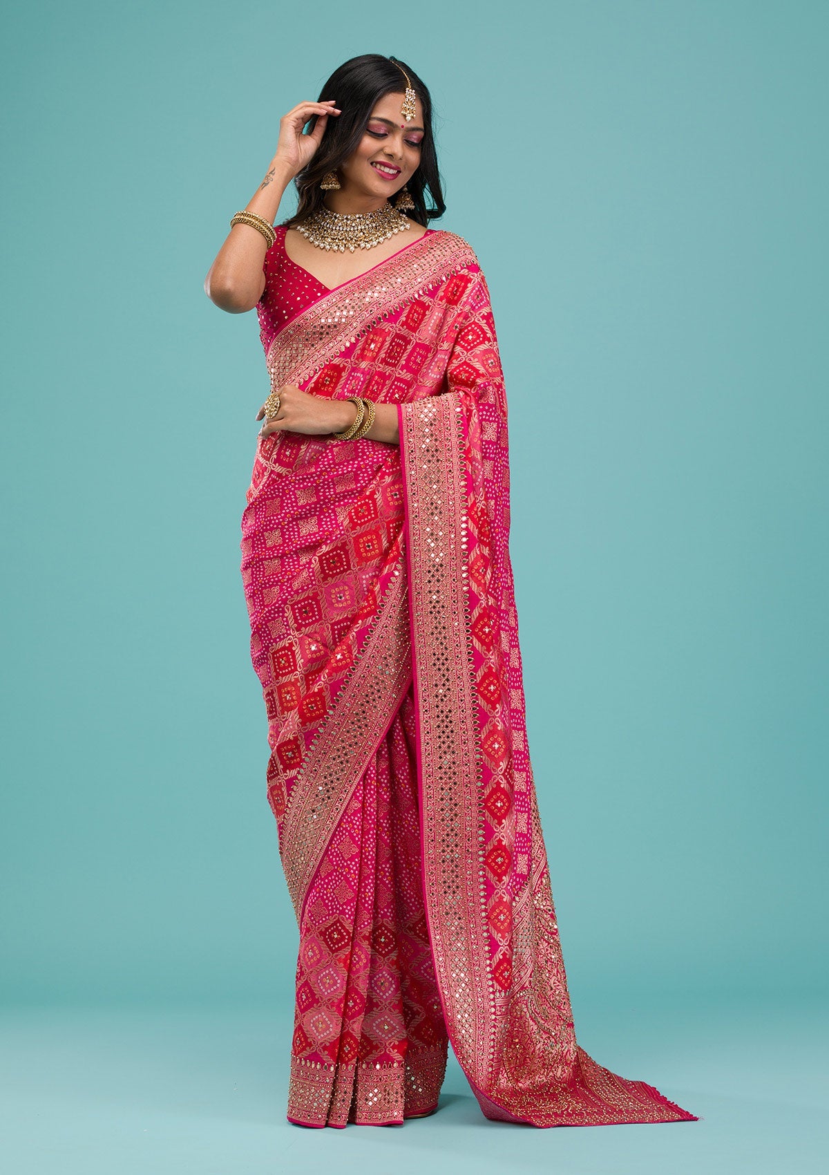 Rani Pink Mirrorwork Chanderi Silk Saree-Koskii