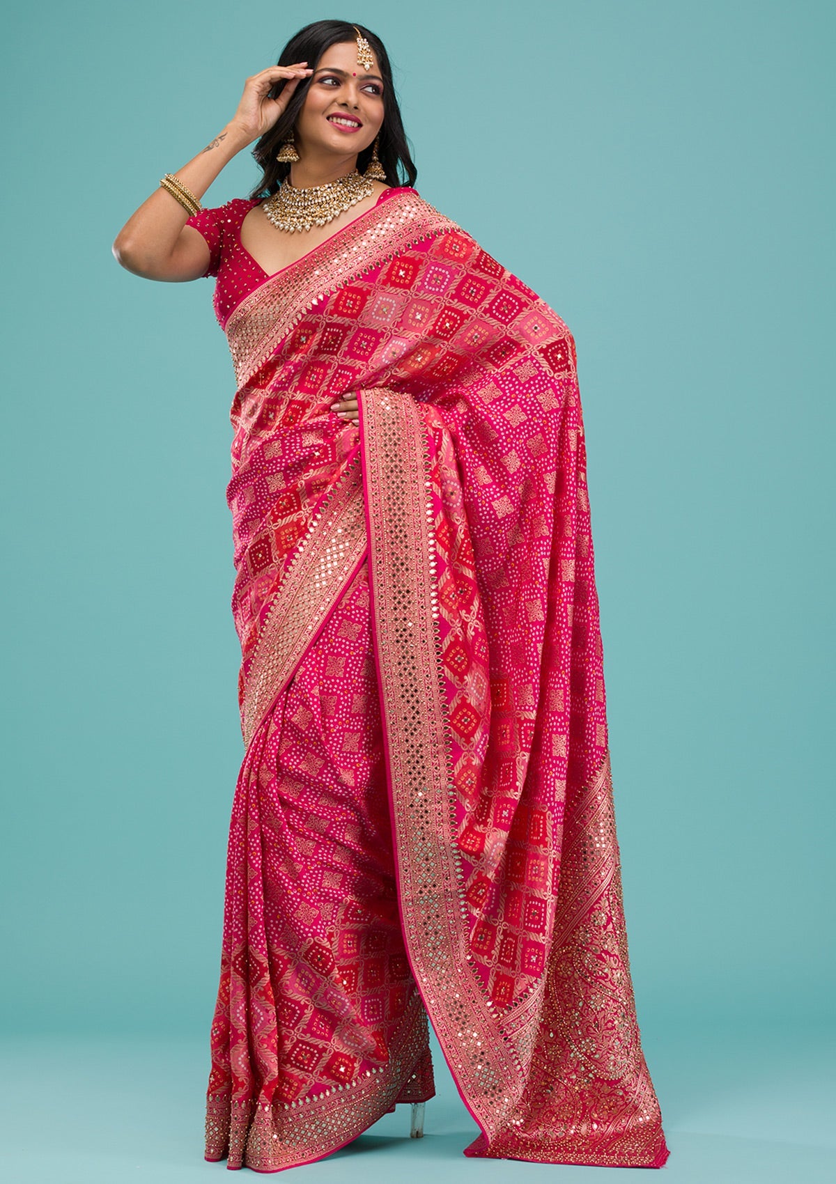 Rani Pink Mirrorwork Chanderi Silk Saree-Koskii