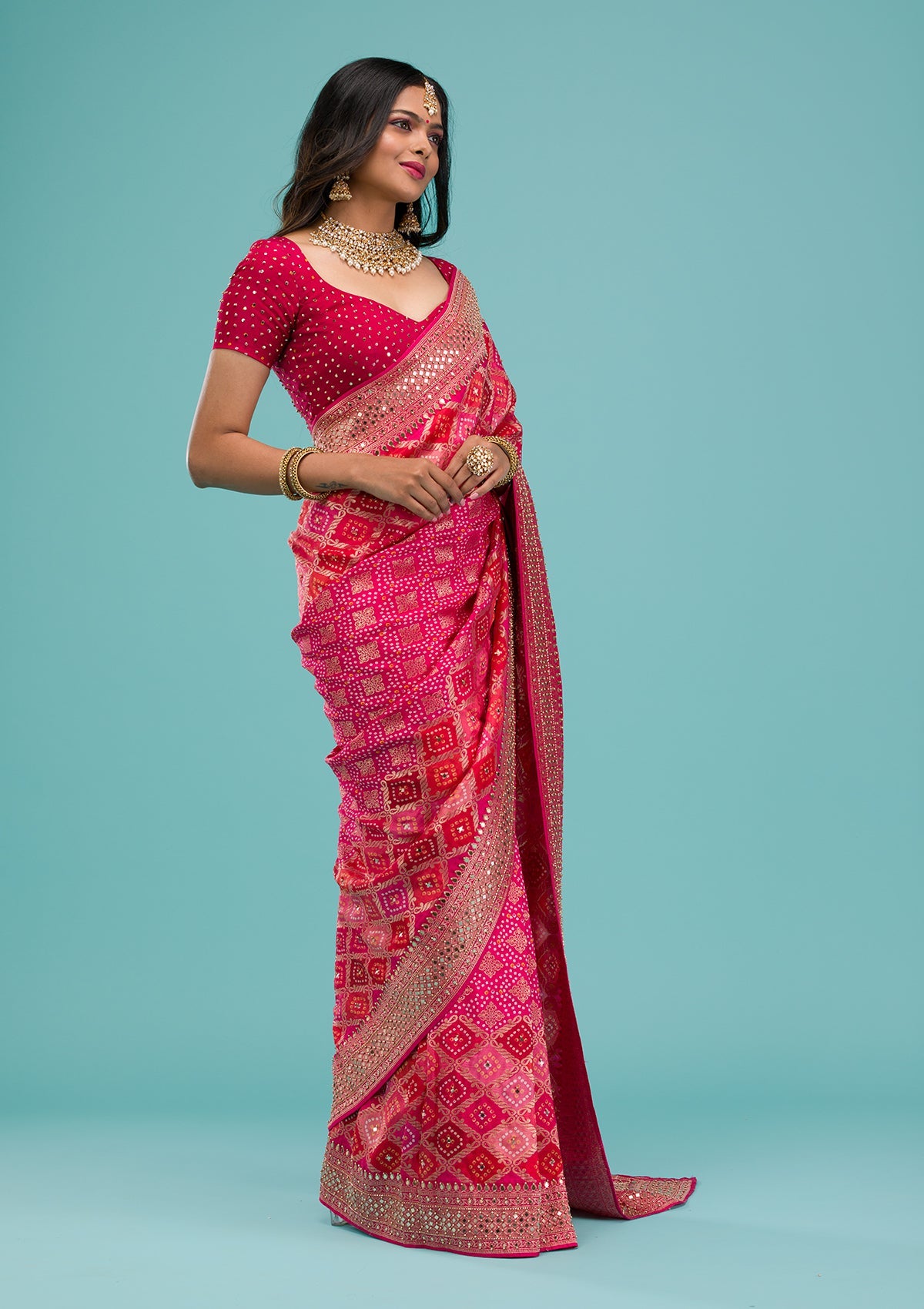 Rani Pink Mirrorwork Chanderi Silk Saree-Koskii