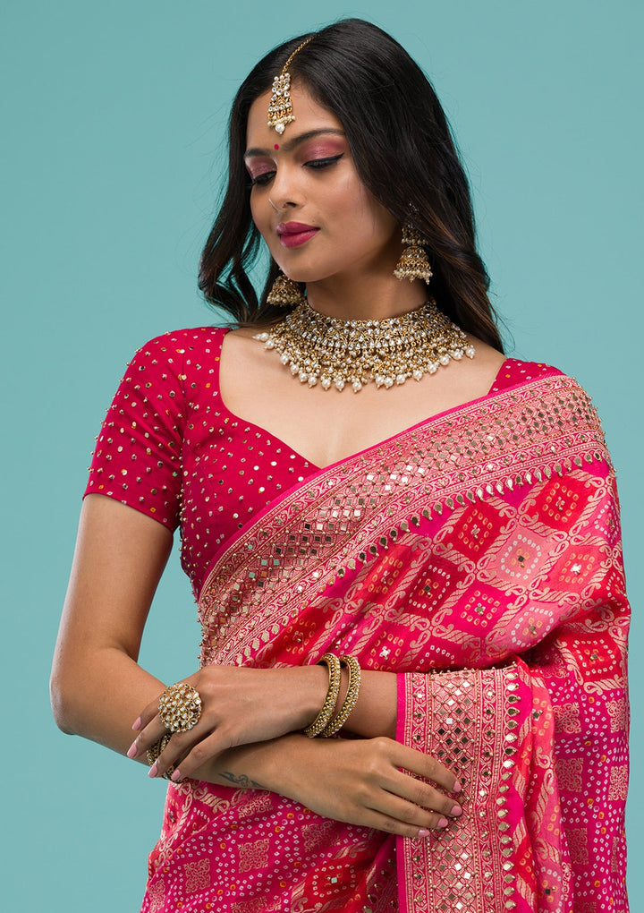 Rani Pink Mirrorwork Chanderi Silk Saree-Koskii