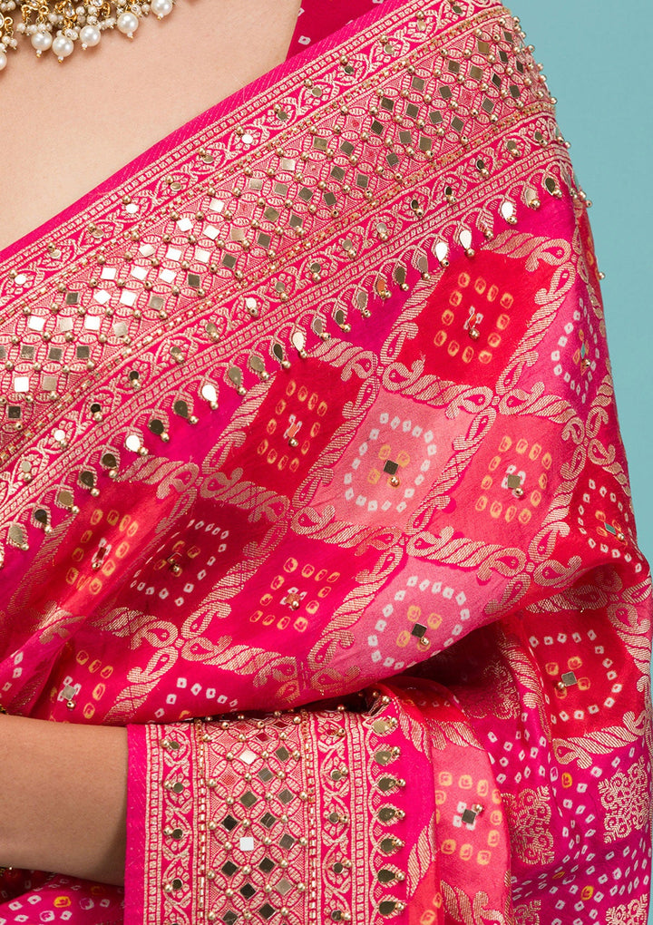 Rani Pink Mirrorwork Chanderi Silk Saree-Koskii