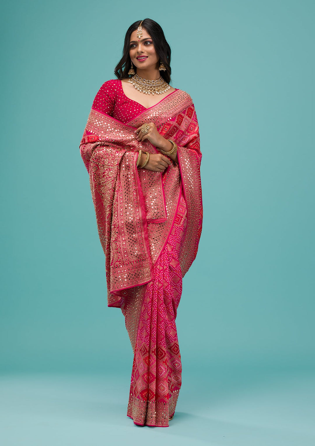 Rani Pink Mirrorwork Chanderi Silk Saree-Koskii