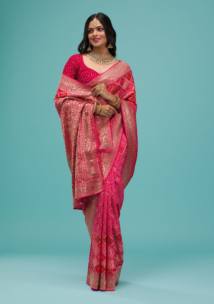 Rani Pink Mirrorwork Chanderi Silk Saree-Koskii