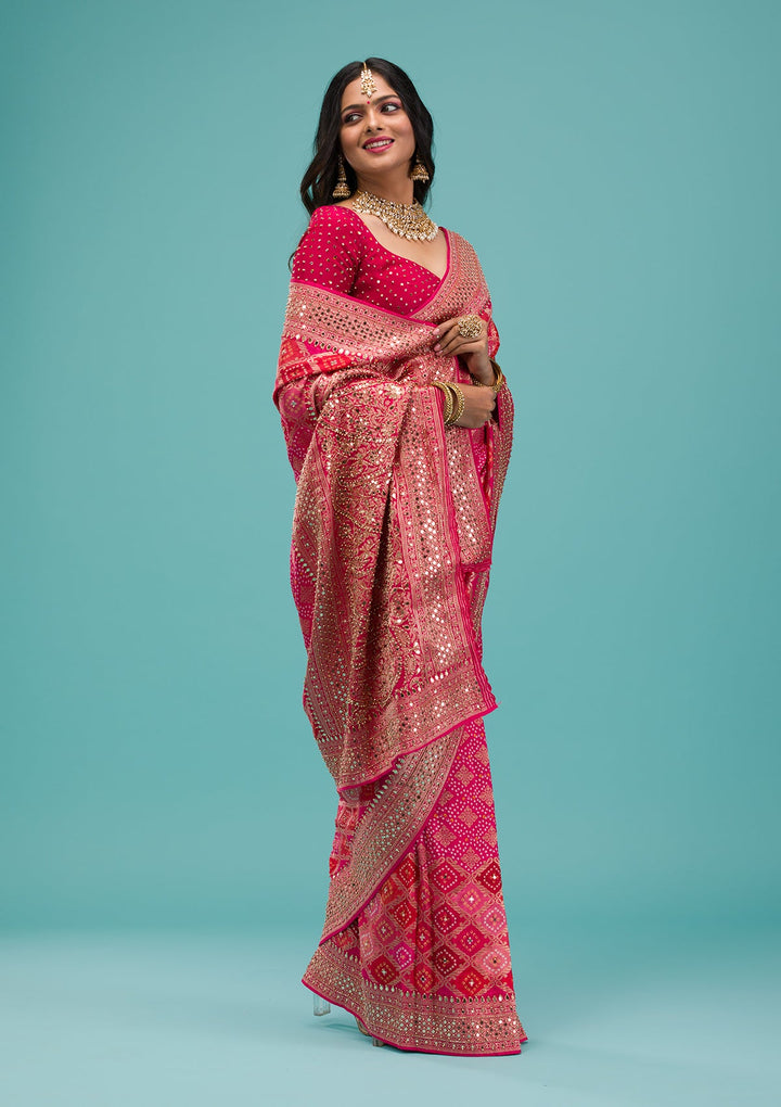 Rani Pink Mirrorwork Chanderi Silk Saree-Koskii