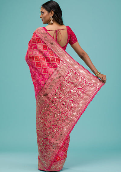 Rani Pink Mirrorwork Chanderi Silk Saree-Koskii