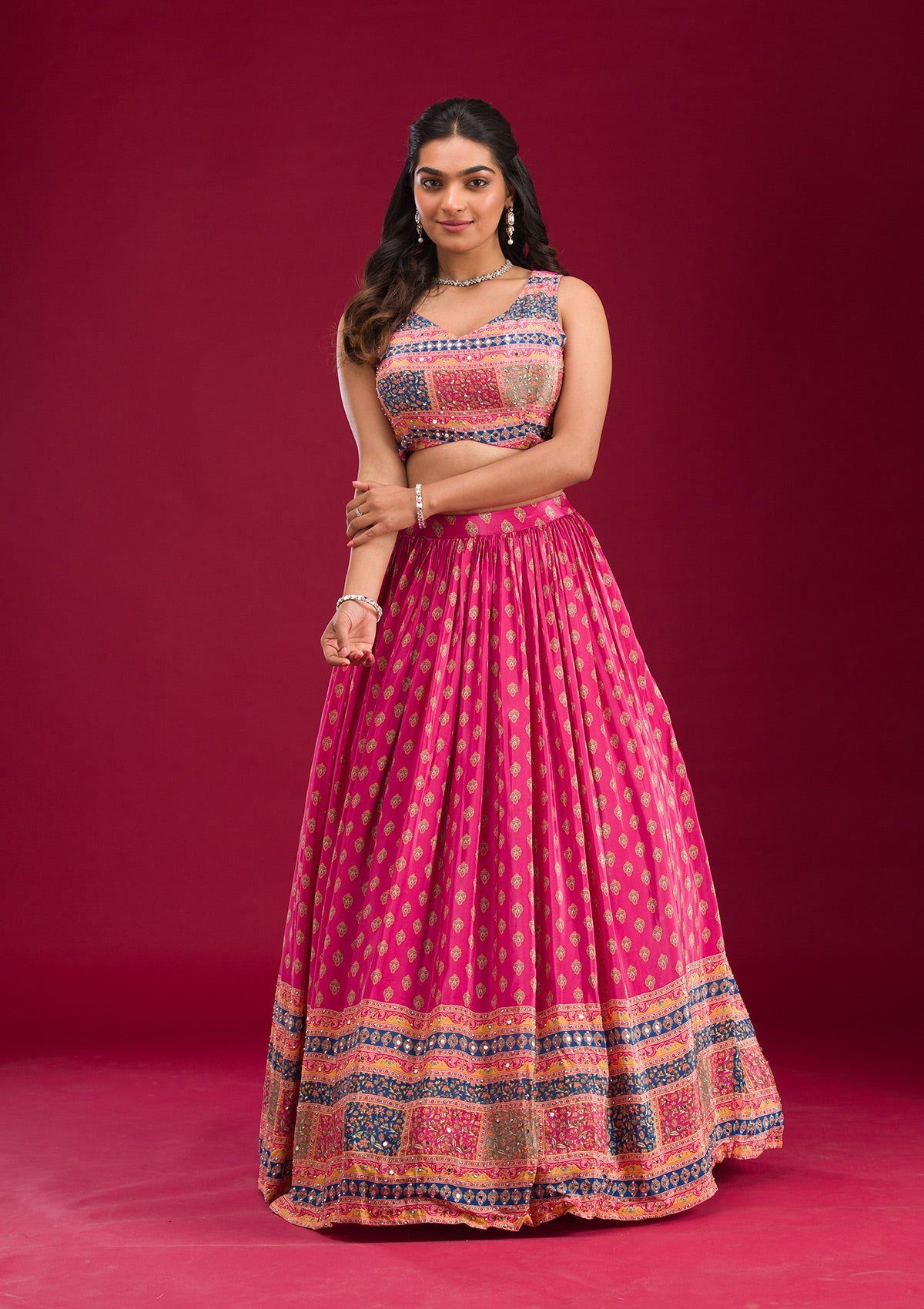 Rani Pink Mirrorwork Georgette Readymade Lehenga