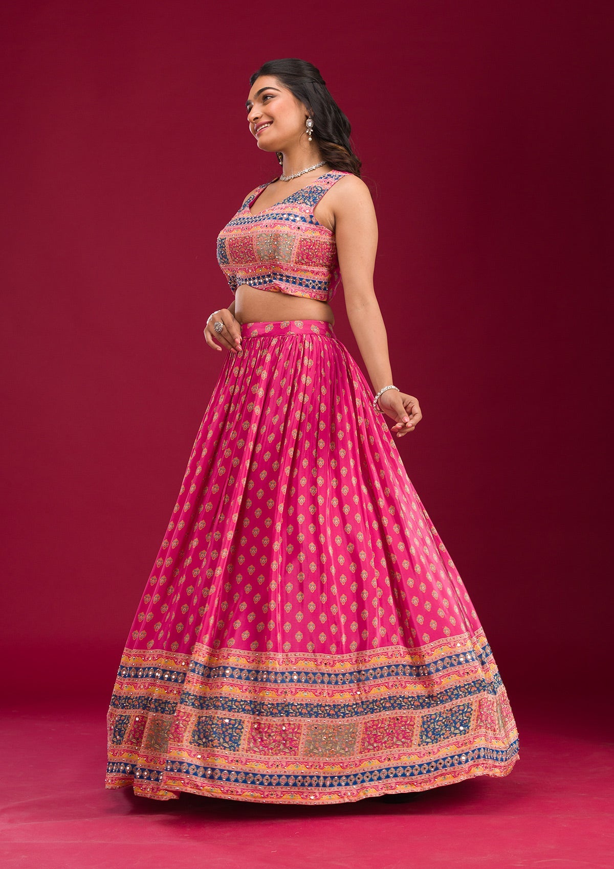 Rani Pink Mirrorwork Georgette Readymade Lehenga