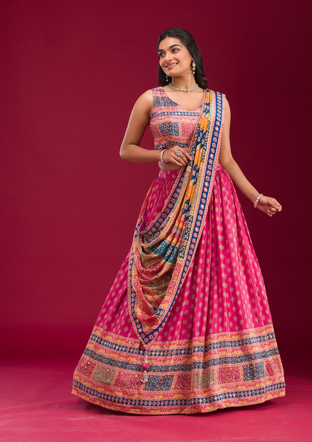 Rani Pink Mirrorwork Georgette Readymade Lehenga