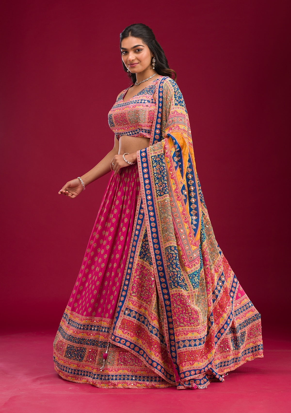 Rani Pink Mirrorwork Georgette Readymade Lehenga-Koskii